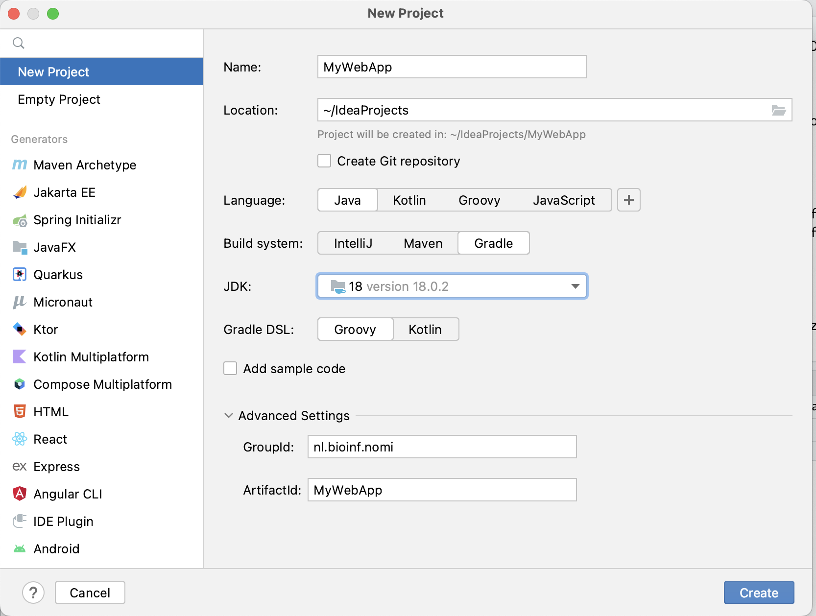 Gradle project creation